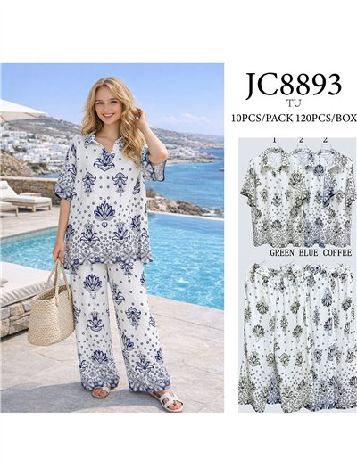 Conjunto talla grande blusa boho estampado con strass y pantalón wide-leg 2