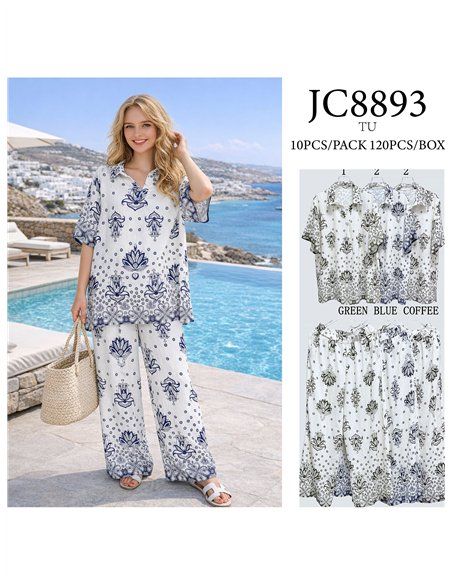 Conjunto talla grande blusa boho estampado con strass y pantalón wide-leg