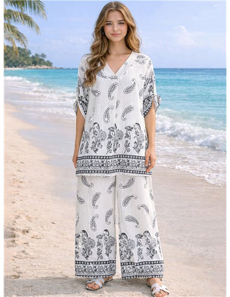 Conjunto talla grande blusa paisley con strass y pantalón wide-leg