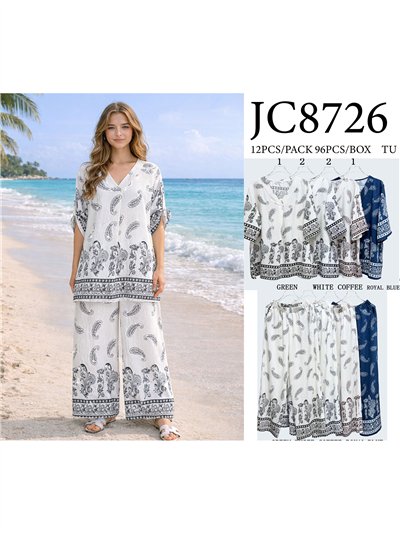 Conjunto talla grande blusa paisley con strass y pantalón wide-leg 2