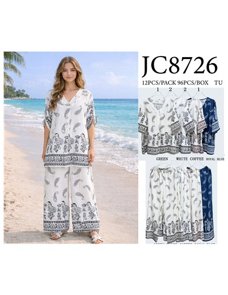 Conjunto talla grande blusa paisley con strass y pantalón wide-leg