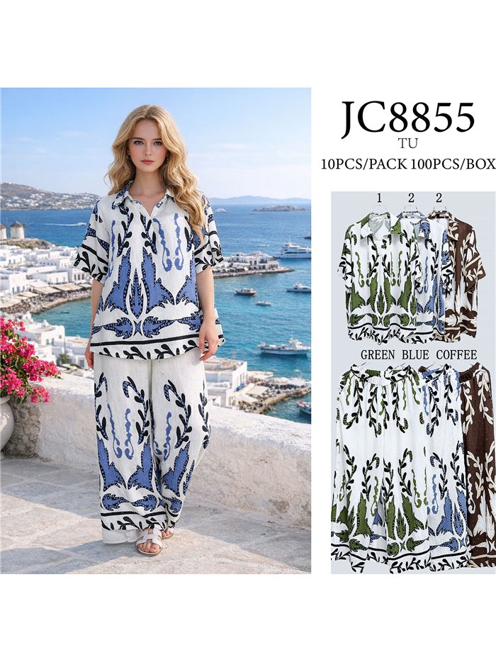 Conjunto talla grande blusa estampada abstracta con strass y pantalón wide-leg