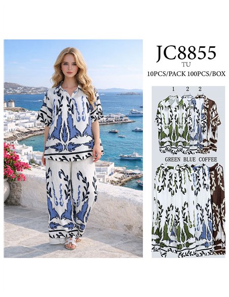 Conjunto talla grande blusa estampada abstracta con strass y pantalón wide-leg