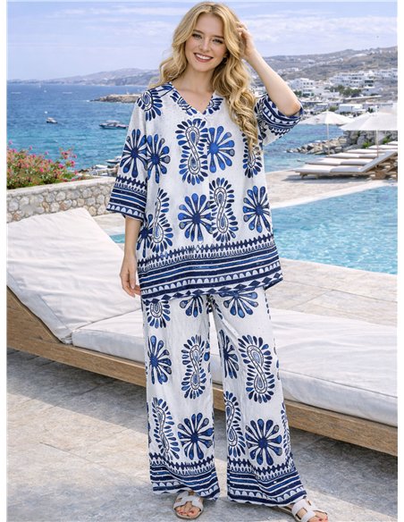 Ensemble grande taille : chemisier bohème fleuri orné de strass et pantalon à jambes larges