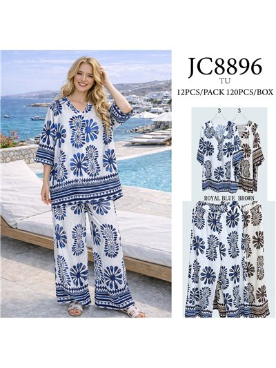 Ensemble grande taille : chemisier bohème fleuri orné de strass et pantalon à jambes larges 2