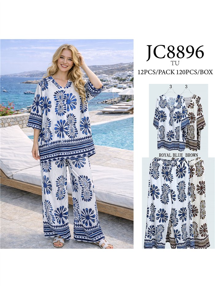 Ensemble grande taille : chemisier bohème fleuri orné de strass et pantalon à jambes larges