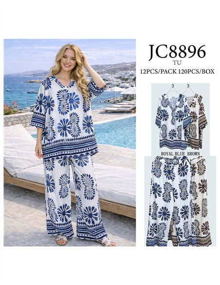 Ensemble grande taille : chemisier bohème fleuri orné de strass et pantalon à jambes larges