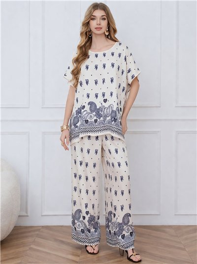 Conjunto blusa amplia estampada boho y pantalón wide-leg