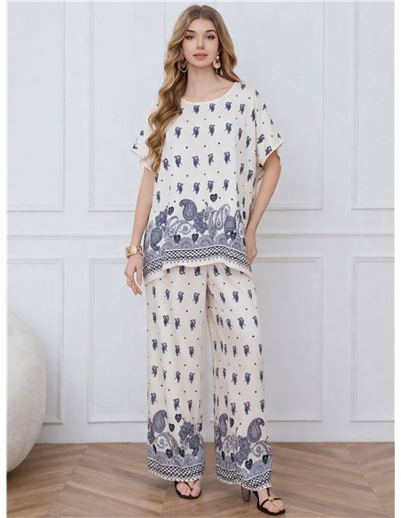 Conjunto blusa amplia estampada boho y pantalón wide-leg