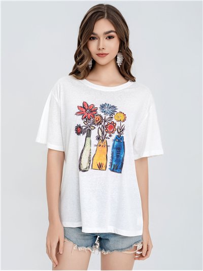Camiseta oversize gatos y flores