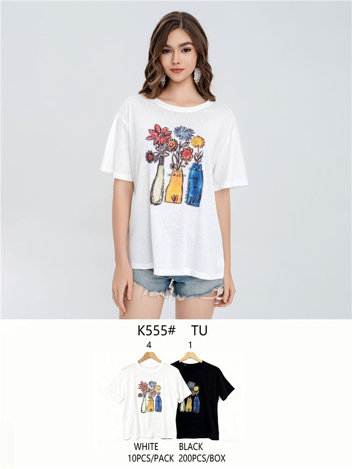 Camiseta oversize gatos y flores