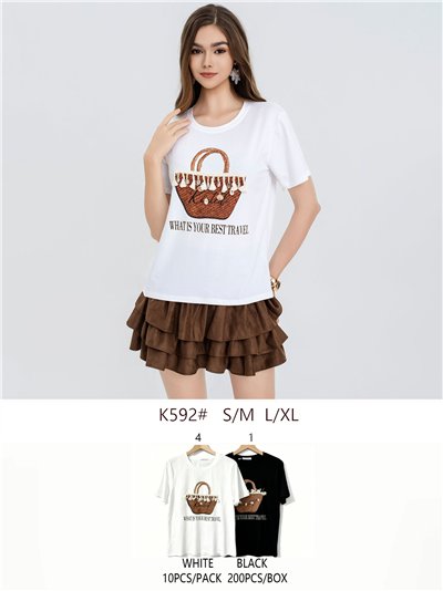 Camiseta estampada, bolsa de praia com franjas 2