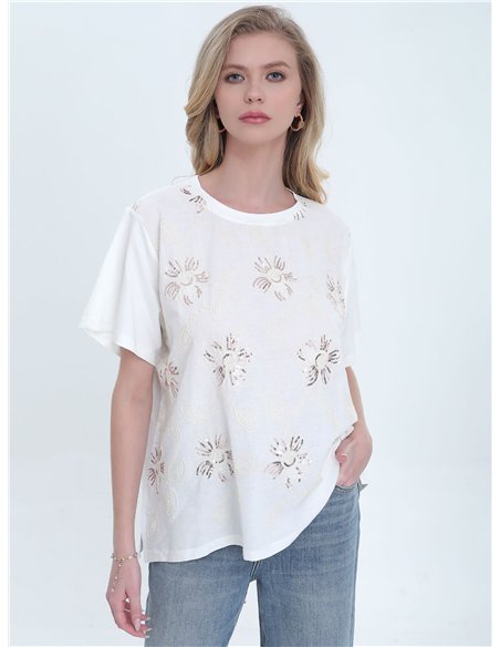 Camiseta bordada floral con lentejuelas