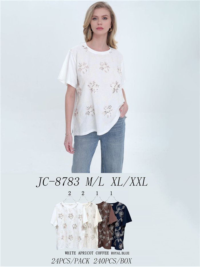 Camiseta bordada floral con lentejuelas