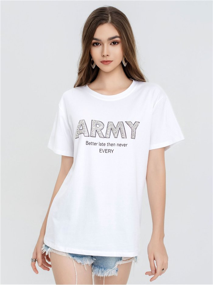 Camiseta estampada army con pedrería