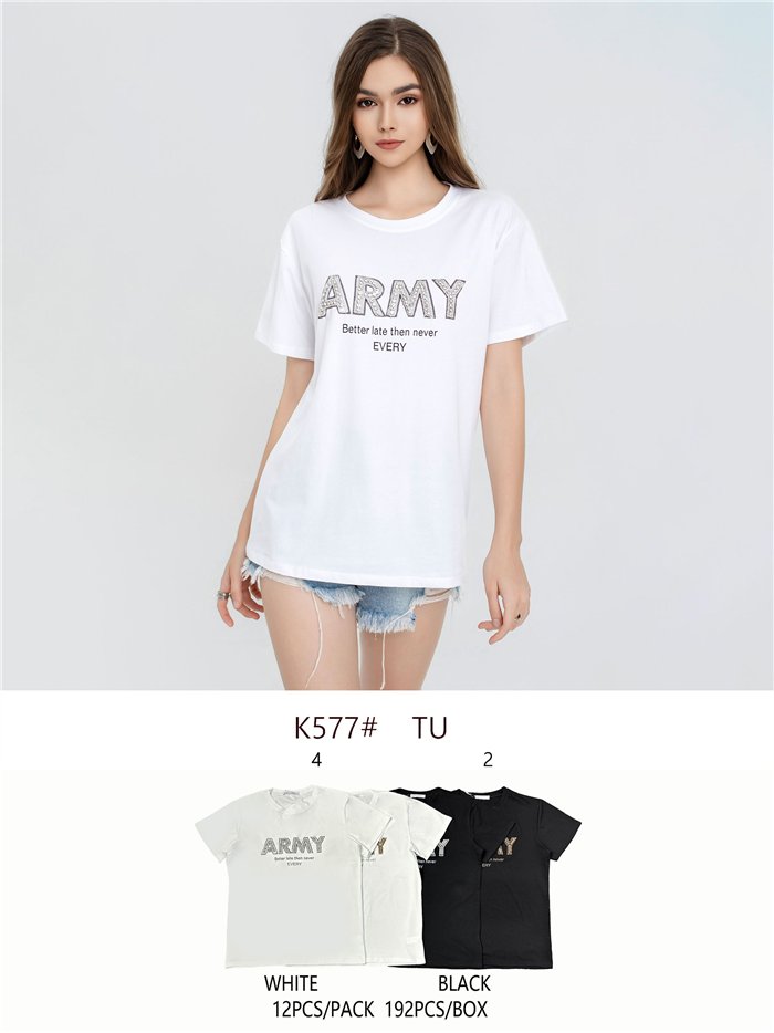 Camiseta estampada army con pedrería