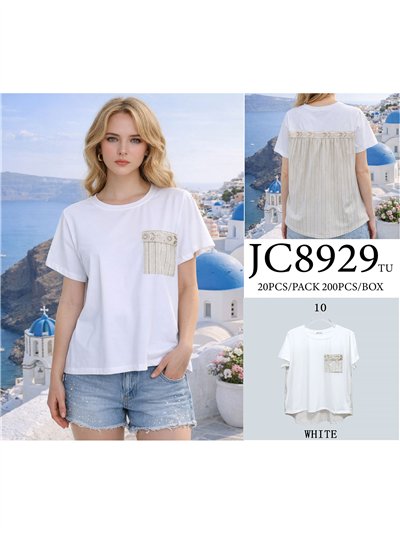 Camiseta combinada detalle crochet y rayas 2