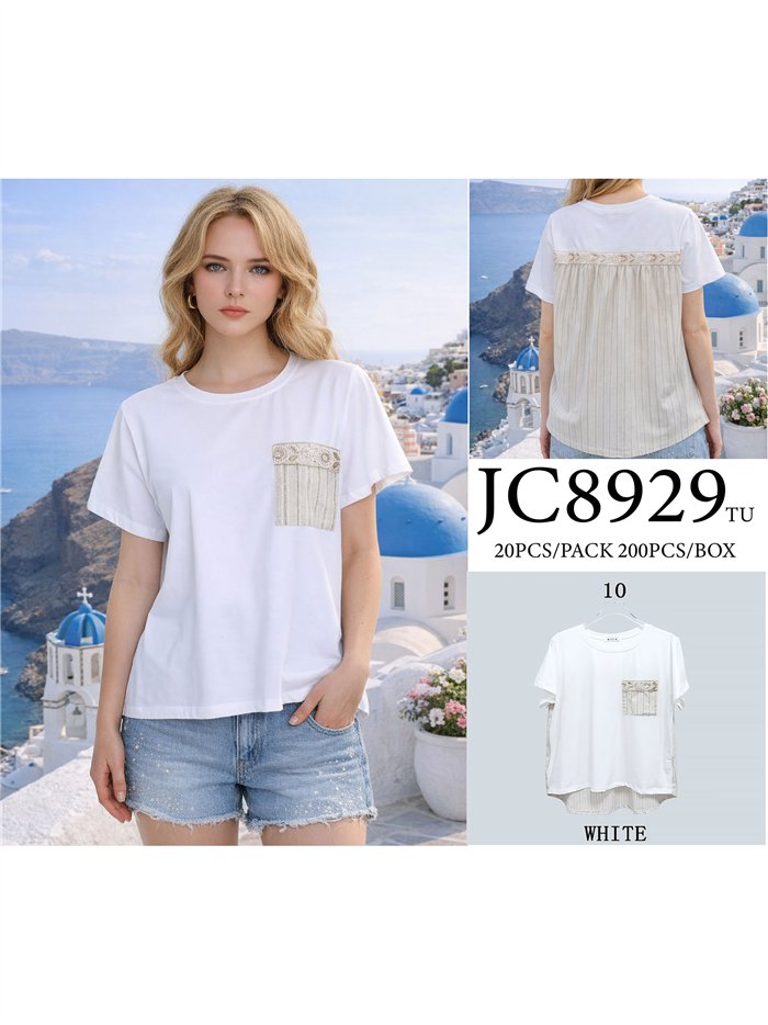 Camiseta combinada detalle crochet y rayas