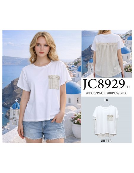 Camiseta combinada detalle crochet y rayas