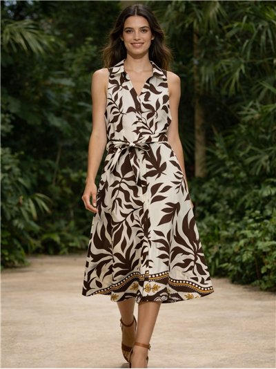 Vestido camisero midi tropical con cinturón