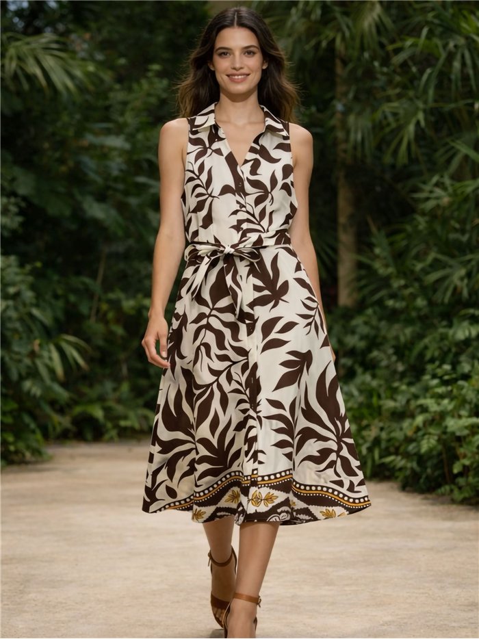 Vestido camisero midi tropical con cinturón