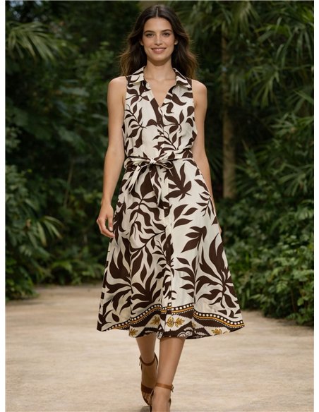 Vestido camisero midi tropical con cinturón