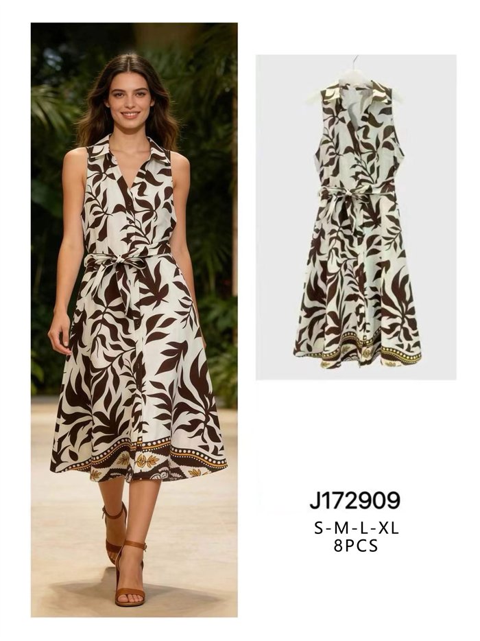 Vestido camisero midi tropical con cinturón