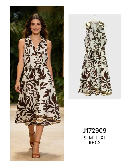 Vestido camisero midi tropical con cinturón