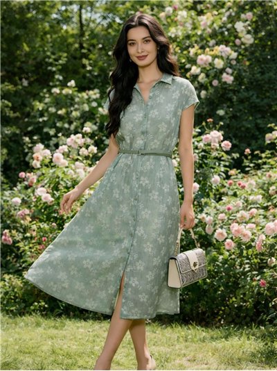 Vestido camisero midi floral efecto lino con cinturón