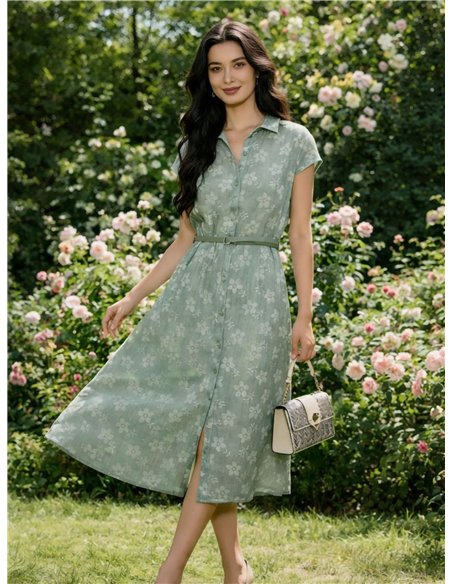 Vestido camisero midi floral efecto lino con cinturón