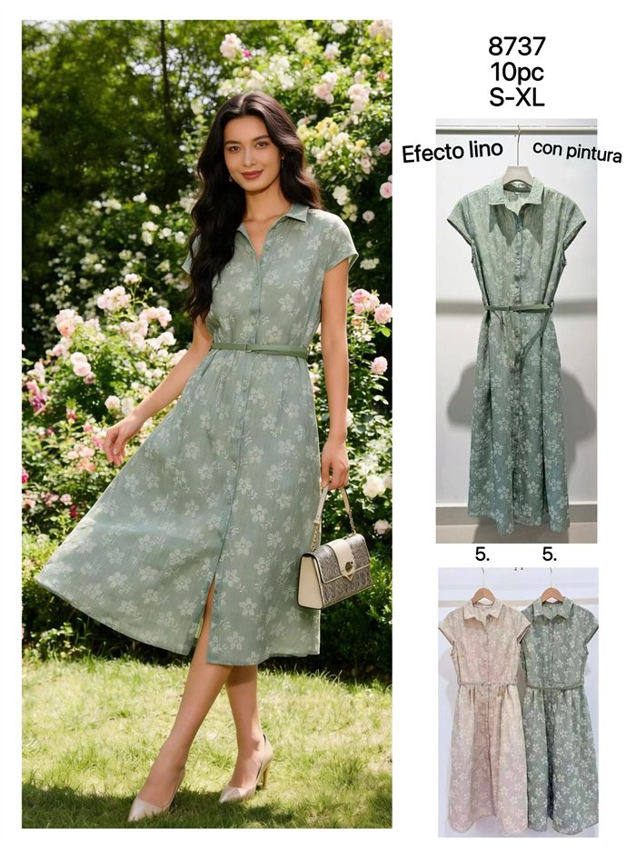 Vestido camisero midi floral efecto lino con cinturón