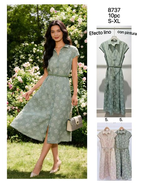 Vestido camisero midi floral efecto lino con cinturón