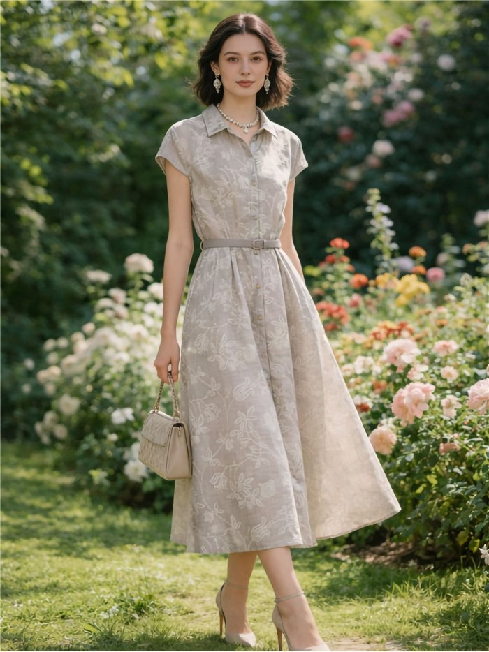 Vestido midi estilo camisa com estampa botânica e cinto.