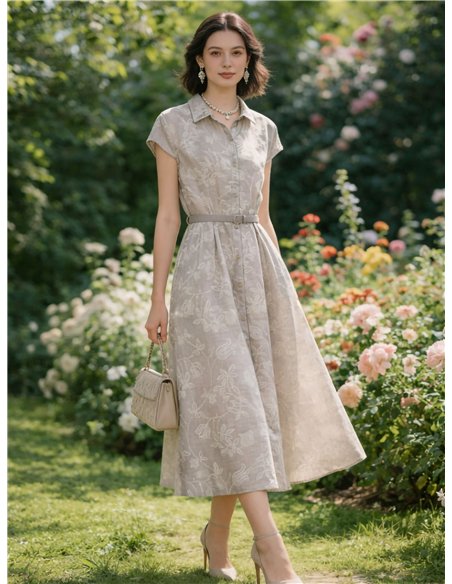 Vestido midi estilo camisa com estampa botânica e cinto.