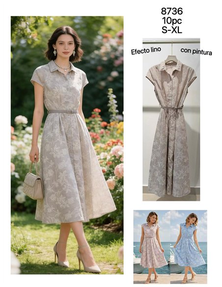 Vestido midi estilo camisa com estampa botânica e cinto.