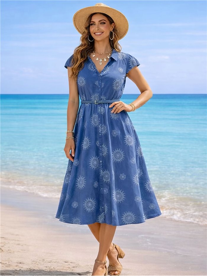 vestido midi estilo camisa com estampa de sol e efeito jeans