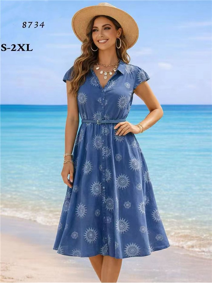 vestido midi estilo camisa com estampa de sol e efeito jeans