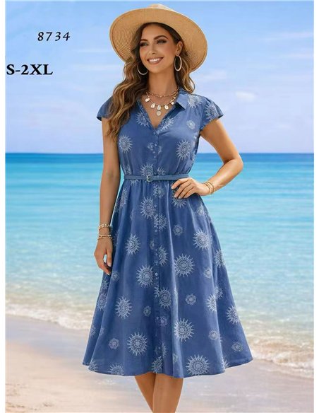vestido midi estilo camisa com estampa de sol e efeito jeans