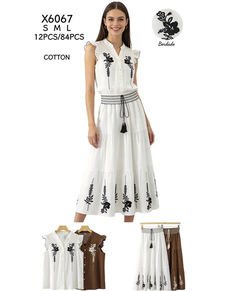 Conjunto top bordado en contraste y falda midi