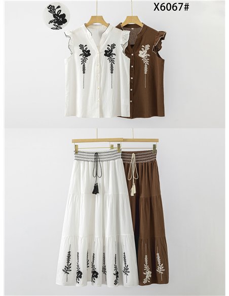 Conjunto top bordado en contraste y falda midi
