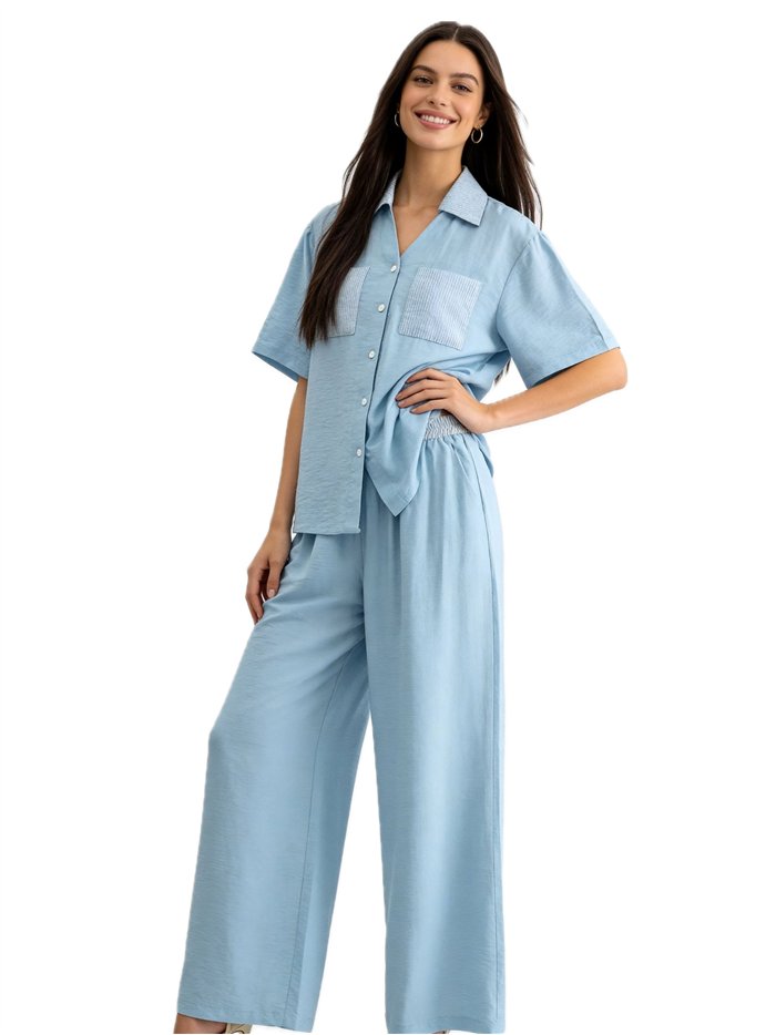 Conjunto camisa bolsillo rayas y pantalón palazzo