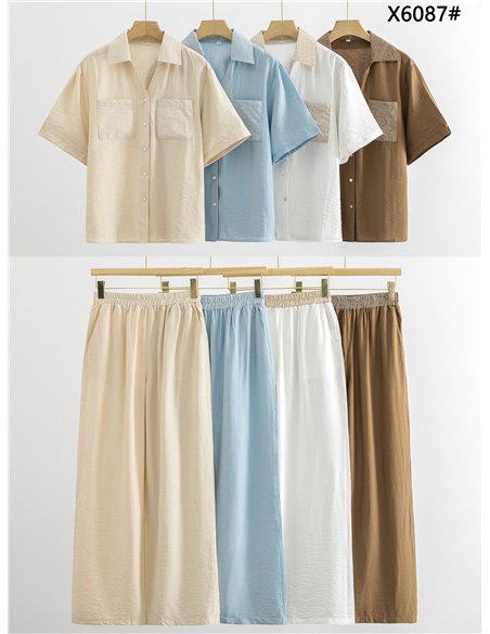 Conjunto camisa bolsillo rayas y pantalón palazzo
