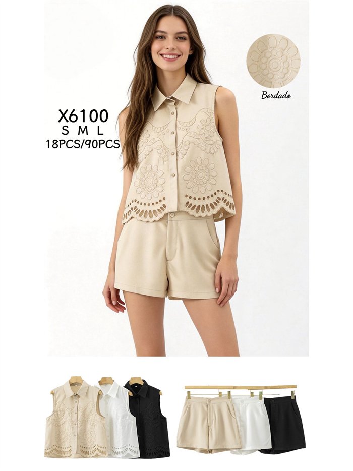 Conjunto camisa bordada sin mangas y short
