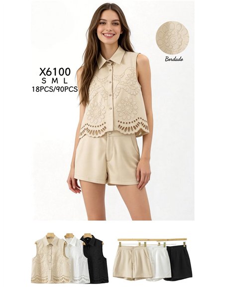 Conjunto camisa bordada sin mangas y short