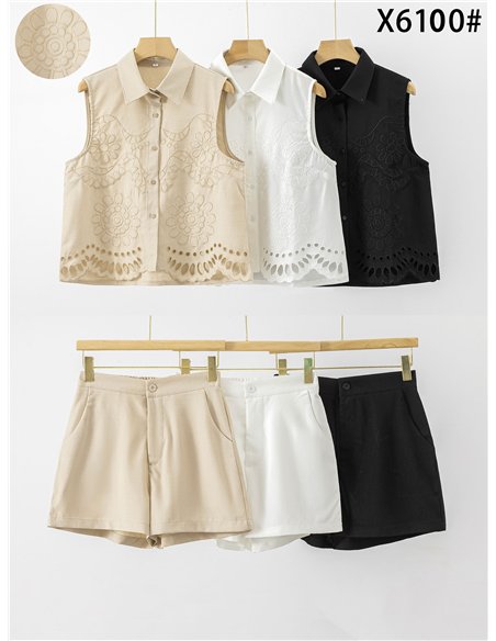 Conjunto camisa bordada sin mangas y short