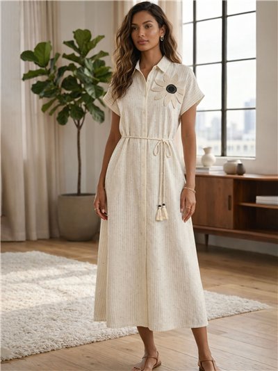 Vestido camisero con strass y flor de crochet