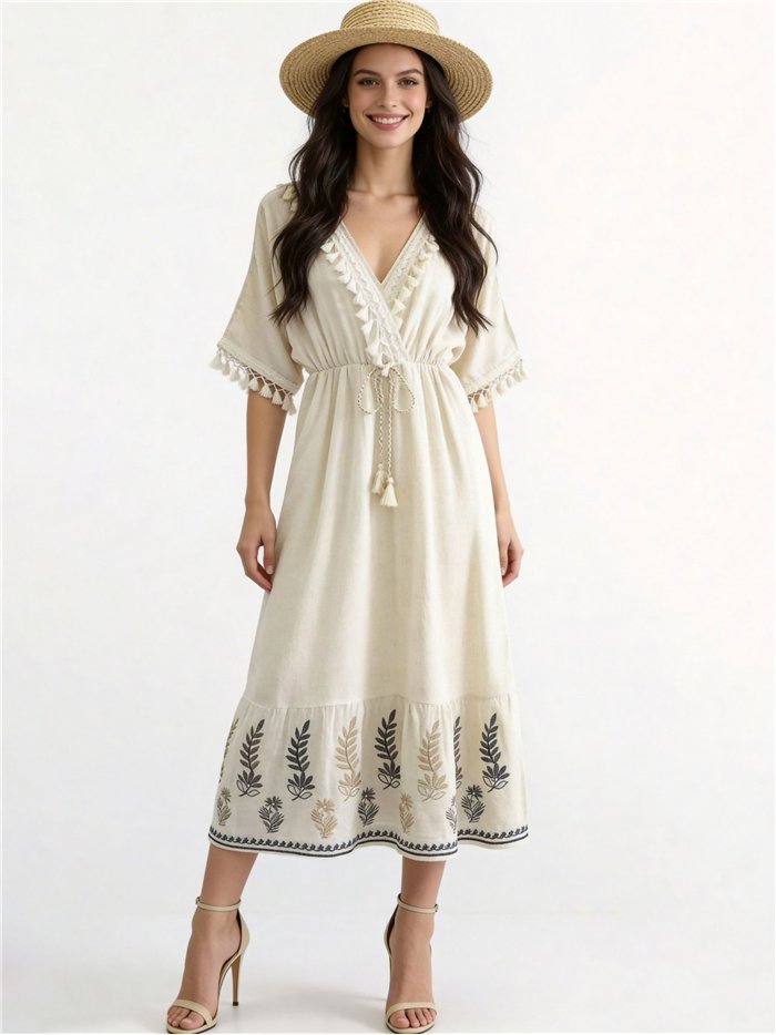 Vestido midi boho con bordado y borlas