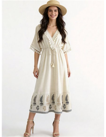 Vestido midi boho con bordado y borlas