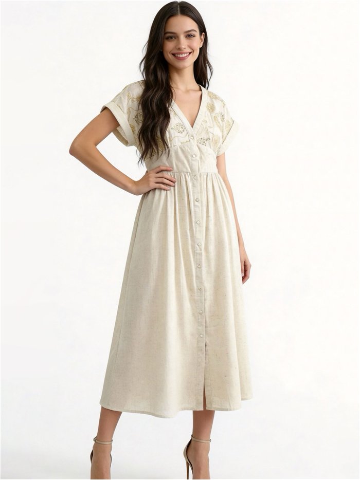 Vestido camisero de lino con bordado floral y lentejuelas