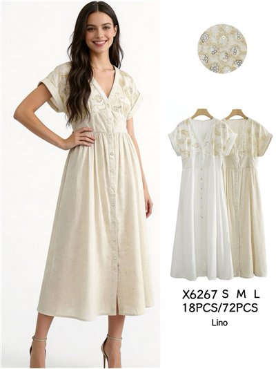 Vestido camisero de lino con bordado floral y lentejuelas 2